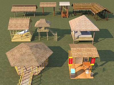 Various Thatched Roof Wooden Structures For Outdoor Garden Pavilions And Huts 3d model