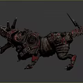 Futuristic Cybernetic Dog Creature With Red Metallic Armor Spiked Claws And Gears
