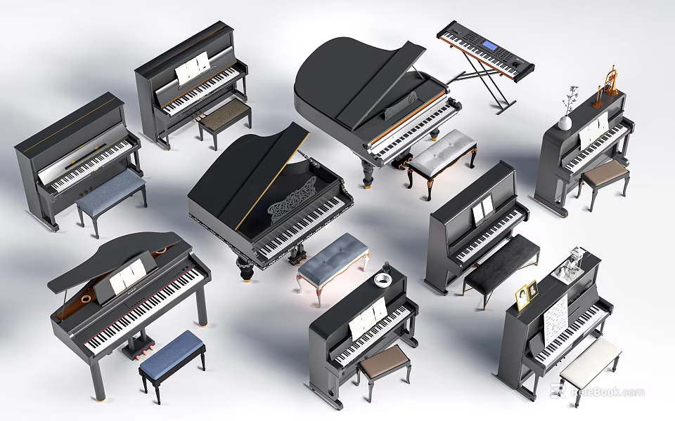 Various Black Grand And Upright Pianos With Stools For Music Instruments 3d model 