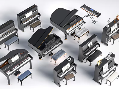 Various Black Grand And Upright Pianos With Stools For Music Instruments 3d model