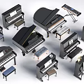 Various Black Grand And Upright Pianos With Stools For Music Instruments