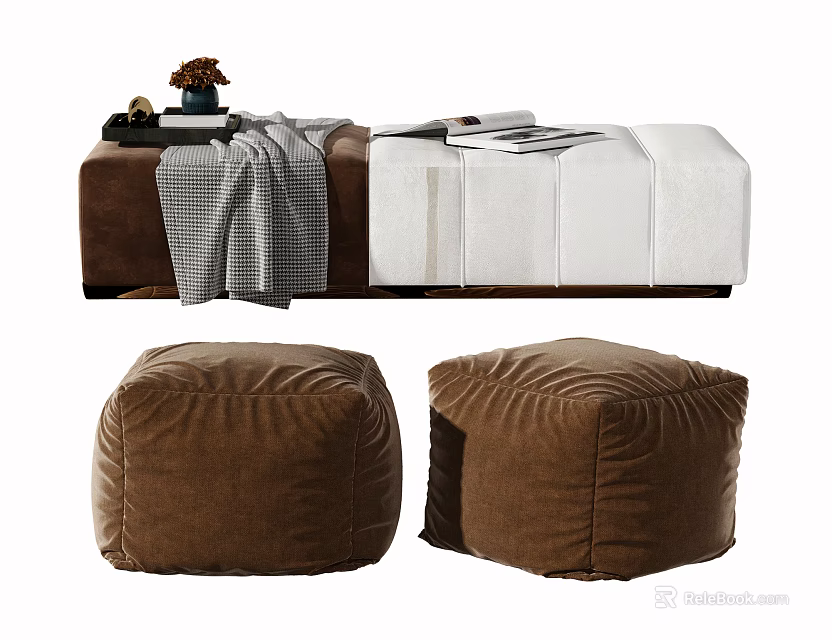 Brown Velvet Sofa Bench With Matching Poufs For Living Room Decor 3d model 