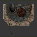 Old Fashioned Household Stove With Brick Base Chimney And Burning Red Flames