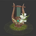 Decorative Commercial Equipment Wooden Lyre With Golden Decorations Green Gemstone White Flowers And Sparkling Effect