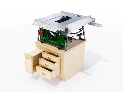 Industrial Equipment Table Saw With Wooden Cabinet And Tool Storage Drawers 3d model