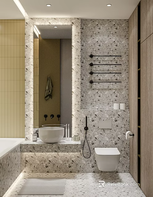 Modern Bathroom Interior With Marble Walls Free-standing Bathtub Towel Rack Toilet And Vanity 3d model 