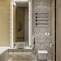 Modern Bathroom Interior With Marble Walls Free-standing Bathtub Towel Rack Toilet And Vanity