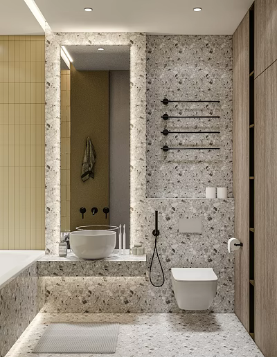 Modern Bathroom Interior With Marble Walls Free-standing Bathtub Towel Rack Toilet And Vanity 3d model