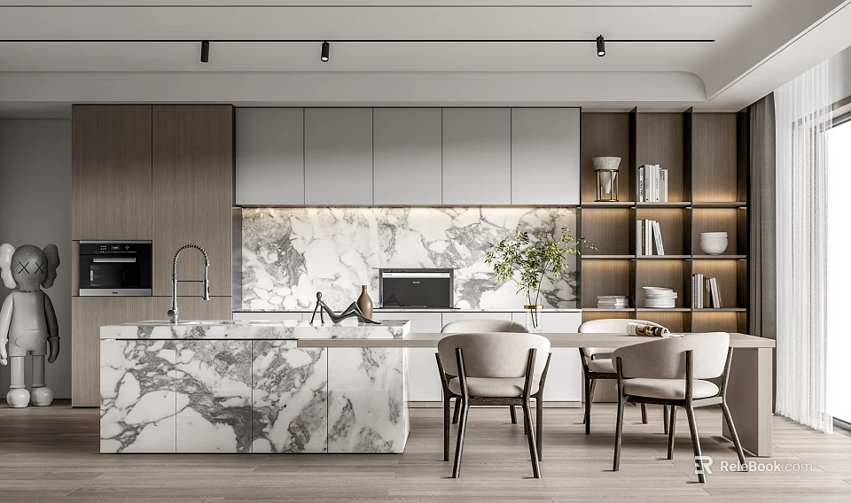 Modern Restaurant Kitchen Interior With Open Design Marble Island And Cabinets 3d model 