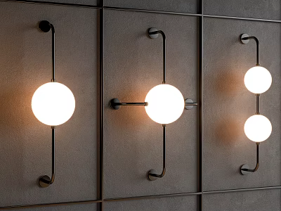 Modern Wall Lamps With Round White Shades On Gray Wall And Black Metal Frames 3d model