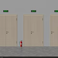 Zi Mu Door with Green Exit Signs Red Fire Extinguisher White Wall and Gray Floor