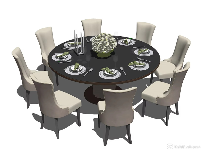 Elegant Round Dining Table Set With Light Colored Chairs And Table Decorations 3d model 