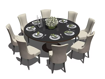 Elegant Round Dining Table Set With Light Colored Chairs And Table Decorations 3d model