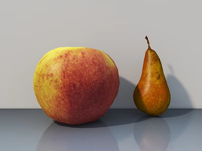 Ripe Red Yellow Apple and Brown Pear on Smooth Reflective Surface 3d model