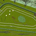 Park Landscape Featuring Green Lawn Curved White Pathways Trees and Wooden Bench
