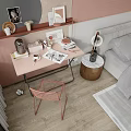 Modern Bedroom Interior With Large Window Mountain View Pink Wall Gray Bedding And Black Chairs