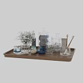 Daily Bathroom Essentials On Wooden Tray With Transparent Bottles Soap Toothbrush Candle Dried Flowers