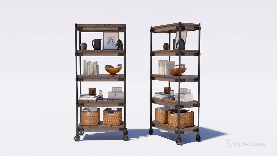 Industrial Multi Tier Wooden Metal Shelving Units with Wheels for Storage Baskets Books Decorative Items 3d model 