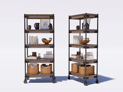 Industrial Multi Tier Wooden Metal Shelving Units with Wheels for Storage Baskets Books Decorative Items 3d model