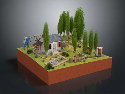 Adorable Cartoon Scene With Small House Tall Trees Winding Pathway And Lush Lawn 3d model