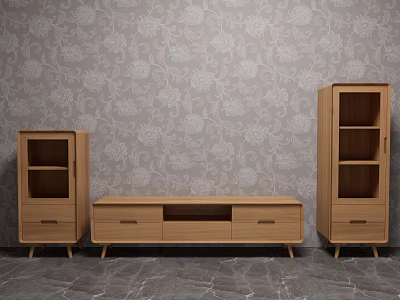 Modern Wooden TV Stand With Matching Cabinets Drawers Open Shelves And Floral Wallpaper 3d model