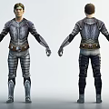 Game Movie Character In Silver Armor With Spiral Patterns And Decorative Belt