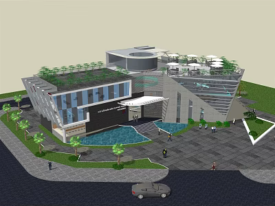 Modern Office Building Design With Glass Facade Green Roof Water Feature Palm Trees Outdoor Area 3d model