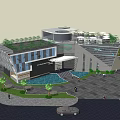 Modern Office Building Design With Glass Facade Green Roof Water Feature Palm Trees Outdoor Area