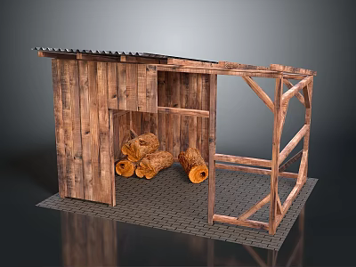 Wooden Storage Shed With Corrugated Roof And Logs Inside On Paved Ground 3d model
