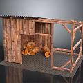 Wooden Storage Shed With Corrugated Roof And Logs Inside On Paved Ground