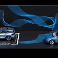 Two ID.6 X Cars Displayed with Blue Wavy Lines Background Design