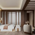 Modern Chinese Style Bedroom Interior With Wooden Bed Palm Leaf Painting And Wardrobe