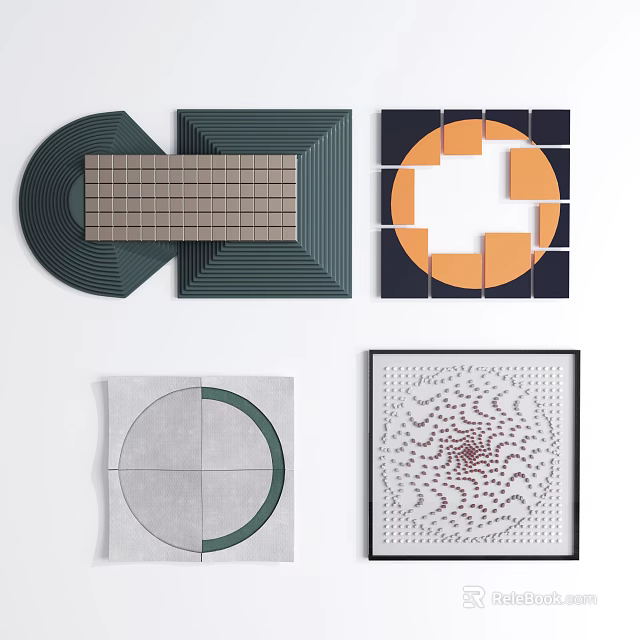 Modern Abstract Wall Decor With Geometric Patterns Green Orange Gray Framed Designs 3d model