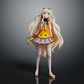 Anime Game Character With Long Blonde Hair Red Bow Yellow Top Purple Skirt White Stockings