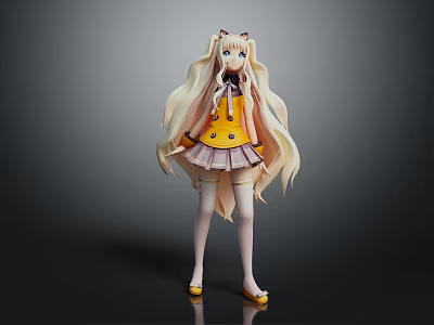 Anime Game Character With Long Blonde Hair Red Bow Yellow Top Purple Skirt White Stockings 3d model
