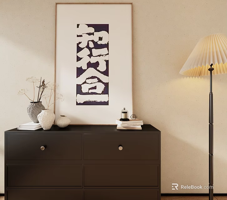 Black Chest of Drawers with Vase Books Decorative Items Near Floor Lamp and Wall Art 3d model 
