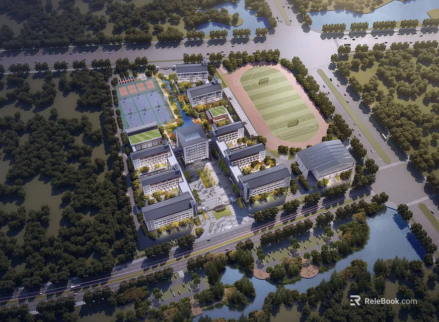 School Campus Building Complex With Sports Field Tennis Court And Lush Green Trees 3d model 
