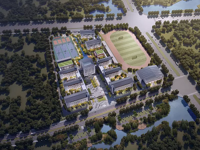 School Campus Building Complex With Sports Field Tennis Court And Lush Green Trees 3d model