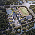 School Campus Building Complex With Sports Field Tennis Court And Lush Green Trees