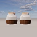 Two White Spice Jars With Wicker Basket Bases And Wooden Lids