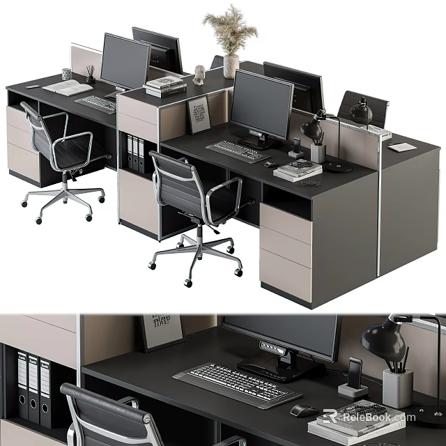 Modern Office Desk Setup With Computer Monitors Office Chairs And Filing Cabinets 3d model