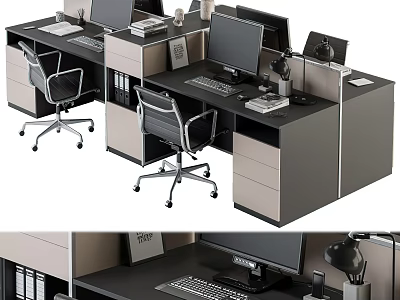 Modern Office Desk Setup With Computer Monitors Office Chairs And Filing Cabinets 3d model