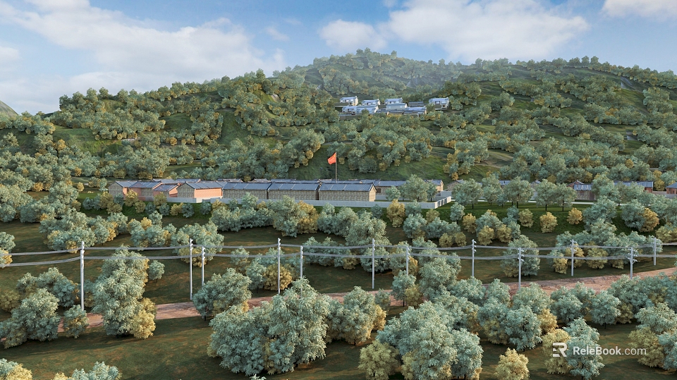 Tranquil Garden Landscape With Green Mountain Vegetation Trees Buildings And Grass 3d model 