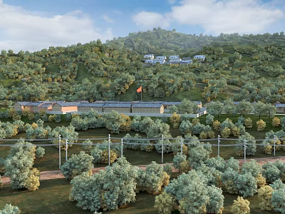 Tranquil Garden Landscape With Green Mountain Vegetation Trees Buildings And Grass 3d model