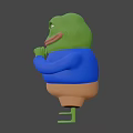 3D Sad Frog Model in Blue Shirt Brown Shorts With Finger on Mouth Gray Background