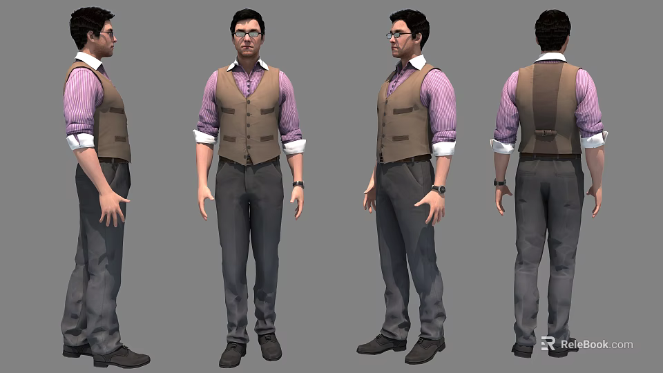 Man Wearing Brown Vest Purple Shirt Gray Pants Black Shoes Multiple Angles View 3d model 