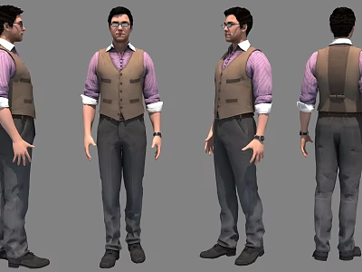 Man Wearing Brown Vest Purple Shirt Gray Pants Black Shoes Multiple Angles View 3d model