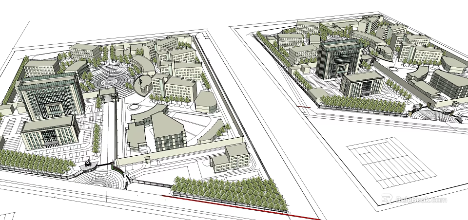 Modern Office Building Complex with Central Plaza Greenery and Urban Planning 3d model 