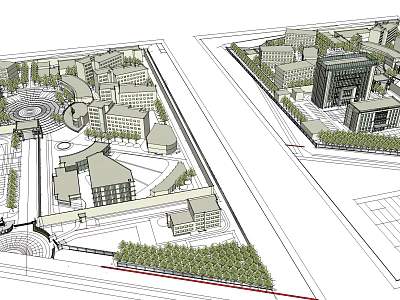 Modern Office Building Complex with Central Plaza Greenery and Urban Planning 3d model