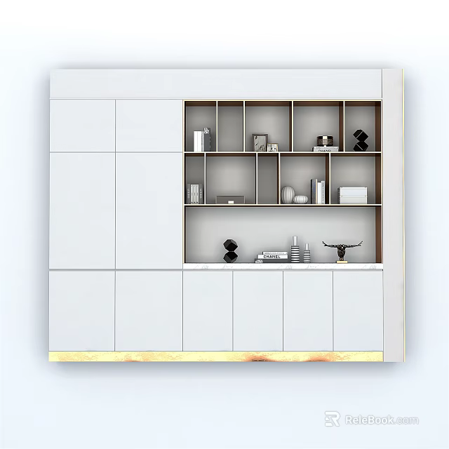 Modern White Bookcase With Storage Cabinets Multiple Shelves And Decorative Ornaments 3d model 
